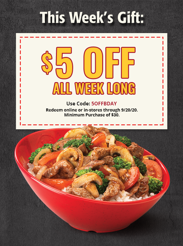Genghis Grill Coupon - $5 off orders of $30+ w/ Code: 5OFFBDAY

At participating locations.